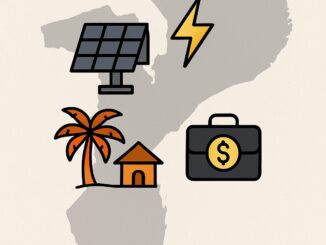 Bandeira de Moçambique e mapa do país com ícones representando energia solar, eletricidade, turismo (casa e palmeira) e finanças (maleta com símbolo de dinheiro).