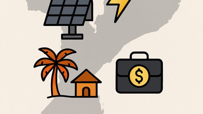 Bandeira de Moçambique e mapa do país com ícones representando energia solar, eletricidade, turismo (casa e palmeira) e finanças (maleta com símbolo de dinheiro).
