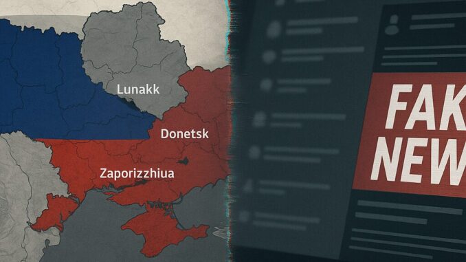Rússia entre Diplomacia e Desinformação: Estratégias de Influência no Conflito Global Mapa da Ucrânia com regiões em vermelho e azul indicando áreas de conflito e influência, ao lado de uma tela de computador com o alerta "Fake News".