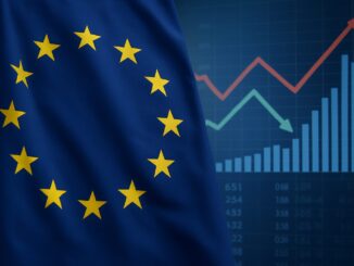 Bandeira da União Europeia ao lado de gráficos financeiros com linhas de tendência em alta e queda, representando análise econômica.