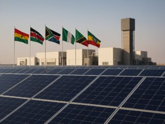 Fotografia aérea de uma vasta área coberta por painéis solares em um ambiente desértico, simbolizando o potencial da energia solar na África.