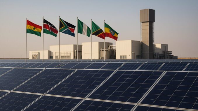 Energia Solar na África: Potencial Imenso, Desafios e Impactos Globais Fotografia aérea de uma vasta área coberta por painéis solares em um ambiente desértico, simbolizando o potencial da energia solar na África.