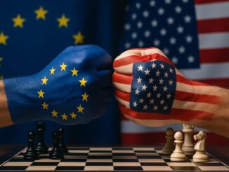 Ilustração simbólica da União Europeia reagindo às tarifas comerciais impostas pelos Estados Unidos, com elementos visuais que remetem a tensões econômicas e diplomáticas.