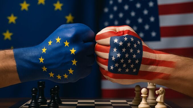 União Europeia avalia resposta drástica às tarifas comerciais dos EUA Ilustração simbólica da União Europeia reagindo às tarifas comerciais impostas pelos Estados Unidos, com elementos visuais que remetem a tensões econômicas e diplomáticas.
