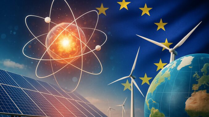 União Europeia e Energia de Fusão: Caminhos da Pesquisa à Comercialização Capa ilustrativa com símbolos da União Europeia, elementos gráficos de energia de fusão e transição tecnológica.