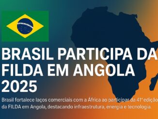 Bandeira do Brasil sobreposta a um mapa da África, representando a cooperação comercial entre Brasil e países africanos na 41ª Feira Internacional de Luanda (FILDA), em Angola.