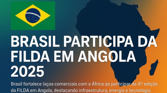 Brasil Amplia Parcerias Comerciais com a África na 41ª Feira Internacional de Luanda (FILDA) em Angola Bandeira do Brasil sobreposta a um mapa da África, representando a cooperação comercial entre Brasil e países africanos na 41ª Feira Internacional de Luanda (FILDA), em Angola.