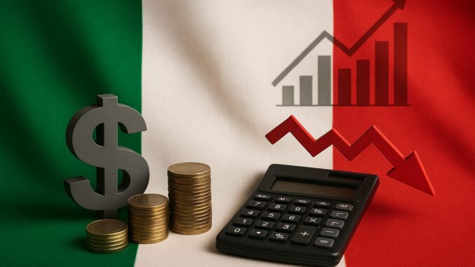 Itália em Encruzilhada Econômica: Desafios e Implicações Geopolíticas de um Crescimento Estagnado" Moeda empilhada, símbolo de dólar, calculadora e gráficos de crescimento e queda sobre a bandeira da Itália, representando desafios econômicos e financeiros do país.
