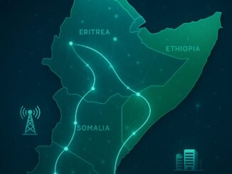 Mapa digital do Chifre da África destacando países como Eritreia, Etiópia, Somália e Quênia com conexões de fibra óptica, satélite e símbolos de infraestrutura digital.
