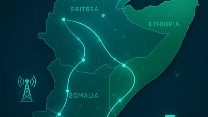 Integração Digital no Chifre da África: O Futuro Geopolítico em Rede Mapa digital do Chifre da África destacando países como Eritreia, Etiópia, Somália e Quênia com conexões de fibra óptica, satélite e símbolos de infraestrutura digital.