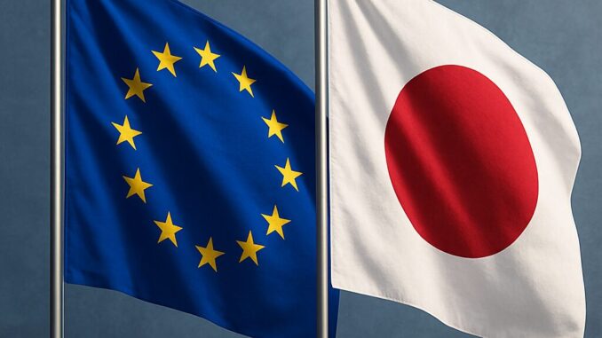 Acordo Estratégico UE-Japão na 30ª Cimeira de 2025: Um Marco na Cooperação Global Bandeiras da União Europeia e do Japão lado a lado, simbolizando a parceria estratégica entre os dois blocos.