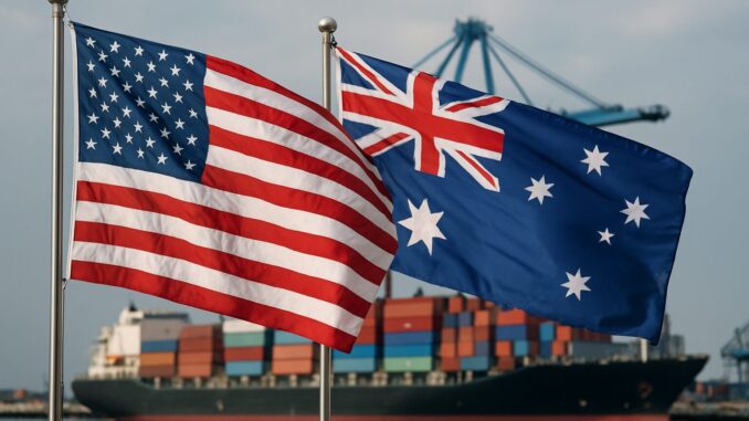 Austrália flexibiliza importação de carne bovina dos EUA após 22 anos: impactos econômicos e geopolíticos Bandeiras dos Estados Unidos e da Austrália tremulando juntas em um porto com navio cargueiro ao fundo.