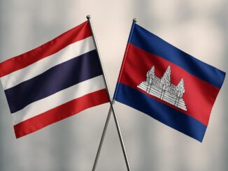 Bandeiras da Tailândia e do Camboja cruzadas em fundo neutro, simbolizando a cooperação e o acordo de paz entre os dois países.