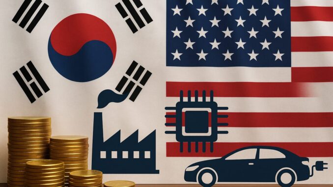 Coreia do Sul e EUA: Negociações Cruciais para Evitar Tarifas e Impulsionar Investimentos Bilionários Bandeiras da Coreia do Sul e dos Estados Unidos com ícones de indústria, microchip, carro elétrico conectado a tomada e pilhas de moedas douradas simbolizando investimentos bilionários e cooperação tecnológica.
