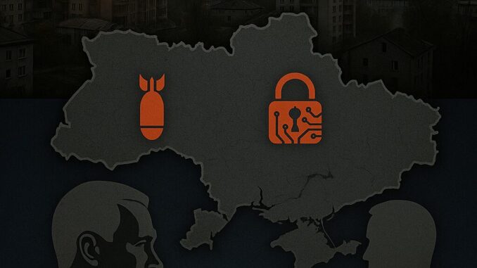 Intensificação do Conflito Rússia–Ucrânia: Ataques Militares, Pressão Diplomática e Guerra Cibernética Explosões em prédios na Ucrânia durante o conflito, mapa da Ucrânia com ícones de bomba e cadeado digital, e silhuetas de líderes russos e americanos com as bandeiras da Rússia e dos EUA ao fundo.