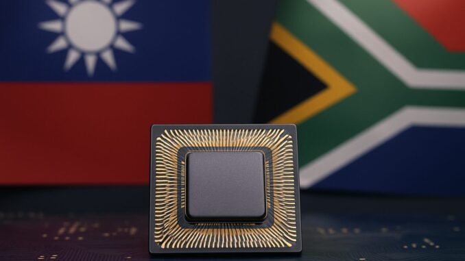 Tensão Taiwan-África do Sul: Semicondutores como Ferramenta Geopolítica Microchip eletrônico em destaque com as bandeiras de Taiwan e África do Sul desfocadas ao fundo.
