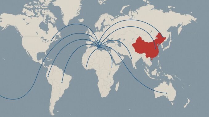 China e a Revolução na Indústria Espacial Comercial: Liderança e Competição Global em Ascensão Ilustração de um mapa mundi com a China destacada em vermelho e linhas azuis indicando conexões globais partindo da China para várias regiões do mundo, representando a expansão da indústria espacial comercial chinesa.