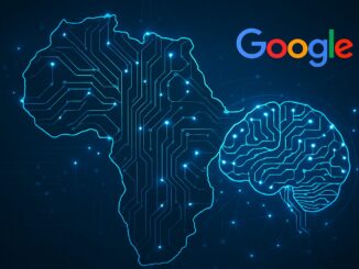 Mapa da África com circuitos digitais conectando-se a um cérebro eletrônico, ao lado do logotipo do Google, simbolizando a interseção entre inteligência artificial, soberania digital e presença tecnológica da empresa no continente africano.