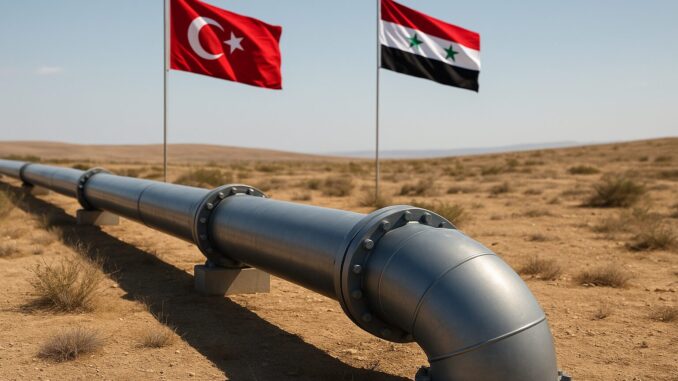 Ilustração: Marco Energético e Geopolítico — Início do Fornecimento de Gás Natural da Turquia para a Síria Ilustração de um gasoduto em um terreno árido, com as bandeiras da Turquia e da Síria ao fundo.