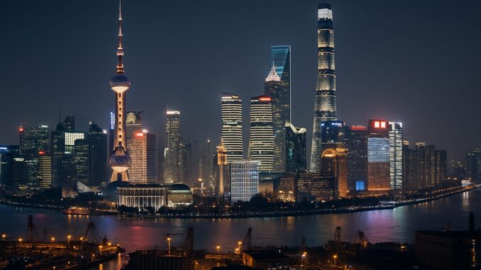 China Reforça Apoio Econômico e Combate à Concorrência Desleal: Implicações Geopolíticas e Econômicas no Cenário Global Ilustração da paisagem urbana noturna de Xangai com arranha-céus iluminados e o rio em primeiro plano.