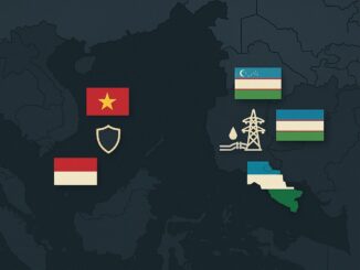 Mapa estilizado da Ásia e Ásia Central destacando os países Vietnã, Indonésia e Uzbequistão com bandeiras, ícones de energia e segurança, representando parcerias estratégicas regionais.