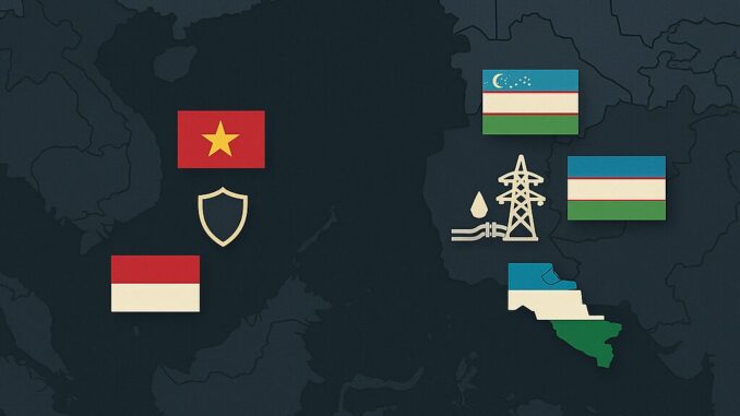 Mapa estilizado da Ásia e Ásia Central destacando os países Vietnã, Indonésia e Uzbequistão com bandeiras, ícones de energia e segurança, representando parcerias estratégicas regionais.