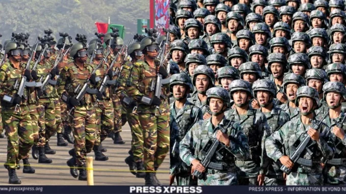 Tropas chinesas e bangladeshi durante o exercício militar conjunto Golden Friendship-2024 em Bangladesh.