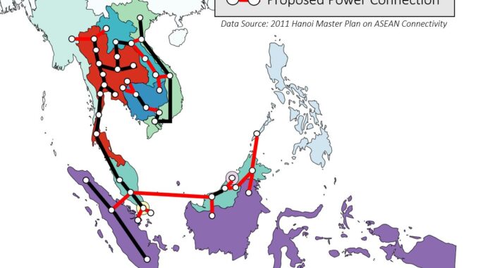 Proposed_ASEAN_Power_Grid_by_HAPUA_in_2011 Mapa da rede elétrica integrada da ASEAN com destaque para interconexões regionais entre países do Sudeste Asiático.