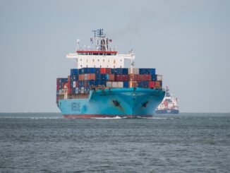 Navio cargueiro navegando no mar aberto sob céu claro, representando o comércio marítimo no Mar Vermelho.