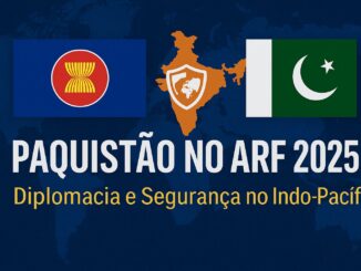 Bandeiras da ASEAN e do Paquistão com mapa do Indo-Pacífico e escudo de segurança ao centro, com o título “Paquistão no ARF 2025”.
