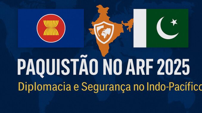 Bandeiras da ASEAN e do Paquistão com mapa do Indo-Pacífico e escudo de segurança ao centro, com o título “Paquistão no ARF 2025”.