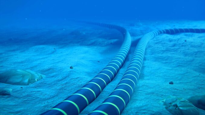 Cabo submarino de alta capacidade no fundo do mar, com linhas azuis e listras claras, transmitindo dados digitais para melhorar a conectividade na Ásia Oriental.