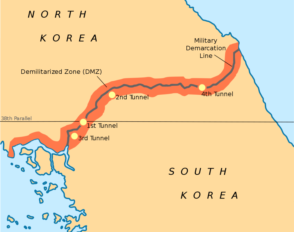 Mapa explicativo da DMZ entre Coreia do Norte e Coreia do Sul, mostrando a Linha de Demarcação Militar e os túneis descobertos.