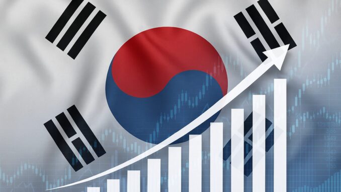 Bandeira da Coreia do Sul ao fundo com gráfico de barras ascendentes e seta indicando crescimento econômico.