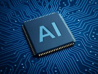 Chip de computador com a inscrição "AI" em um circuito eletrônico azul.