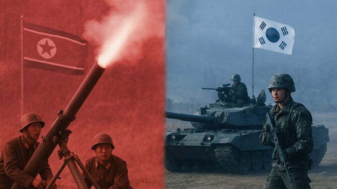 Ilustração representando forças militares da Coreia do Norte e da Coreia do Sul em confrontos simulados: à esquerda, soldados norte-coreanos operam um morteiro com a bandeira da Coreia do Norte ao fundo, em tons avermelhados; à direita, soldados sul-coreanos em frente a um tanque com a bandeira da Coreia do Sul, em tons azulados.