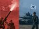 Ilustração representando forças militares da Coreia do Norte e da Coreia do Sul em confrontos simulados: à esquerda, soldados norte-coreanos operam um morteiro com a bandeira da Coreia do Norte ao fundo, em tons avermelhados; à direita, soldados sul-coreanos em frente a um tanque com a bandeira da Coreia do Sul, em tons azulados.