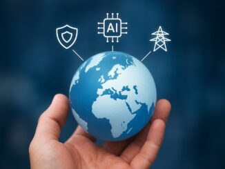Mão segurando um globo representando a Europa, com elementos gráficos de inteligência artificial, energia e defesa saindo do continente, simbolizando investimentos estratégicos globais.