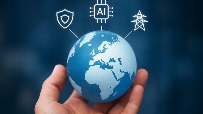 Investindo no Futuro da Europa: Defesa, IA e Infraestrutura Mão segurando um globo representando a Europa, com elementos gráficos de inteligência artificial, energia e defesa saindo do continente, simbolizando investimentos estratégicos globais.