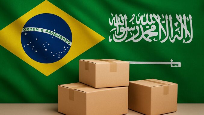 Brasil e Arábia Saudita: Reabertura do Comércio de Carne de Aves Bandeiras do Brasil e da Arábia Saudita lado a lado, com três caixas de exportação empilhadas à frente, simbolizando o comércio internacional de carne de aves entre os dois países.