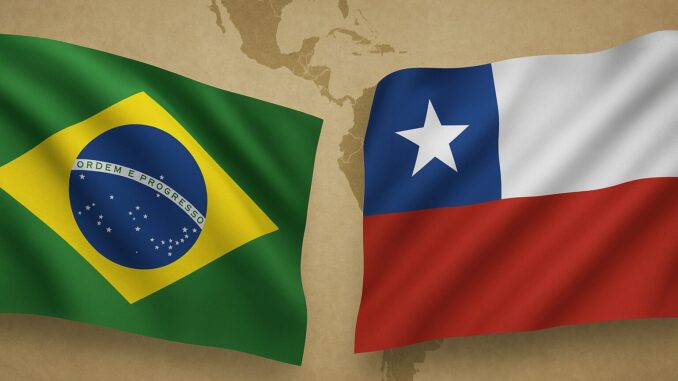 Bandeiras do Brasil e Chile em destaque sobre mapa da América Latina, simbolizando crescimento econômico em 2025.