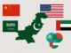 Mapa do Paquistão em verde cercado pelas bandeiras da China, Estados Unidos, Arábia Saudita, Emirados Árabes Unidos e países da Ásia Central, representando novos acordos bilaterais.