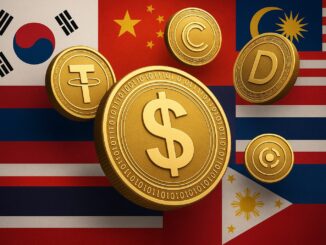 Moedas digitais douradas flutuando sobre as bandeiras da Coreia do Sul, China, Malásia, Tailândia e Filipinas, representando a regulação das stablecoins na Ásia.
