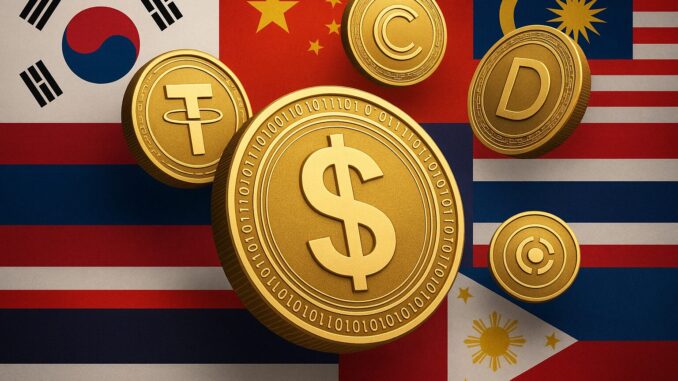 Corrida Asiática pela Regulação das Stablecoins: Desafiando a Influência Americana Moedas digitais douradas flutuando sobre as bandeiras da Coreia do Sul, China, Malásia, Tailândia e Filipinas, representando a regulação das stablecoins na Ásia.