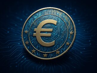Imagem de uma moeda digital com o símbolo do euro (€) cercada por estrelas, sobre um fundo azul com padrões de circuito eletrônico, representando o euro digital e a tecnologia financeira na União Europeia.