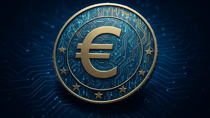 O Futuro do Euro: A Era Digital Imagem de uma moeda digital com o símbolo do euro (€) cercada por estrelas, sobre um fundo azul com padrões de circuito eletrônico, representando o euro digital e a tecnologia financeira na União Europeia.