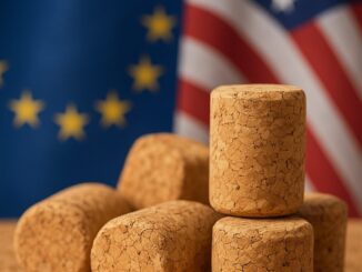 Rolhas de cortiça empilhadas em primeiro plano, com as bandeiras da União Europeia e dos Estados Unidos desfocadas ao fundo.