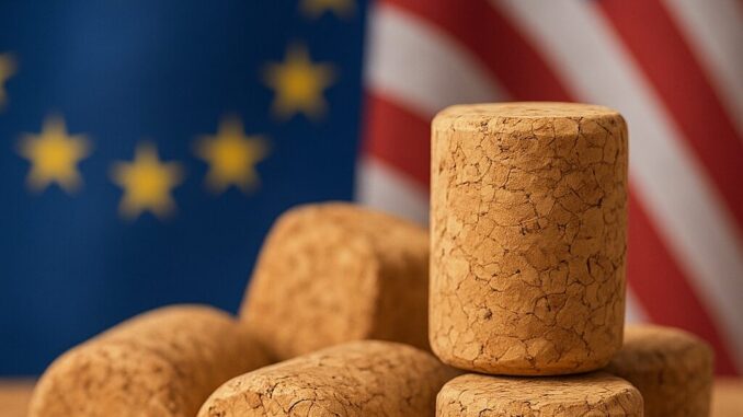 Cortiça Portuguesa Sem Tarifas: Nova Era no Comércio EUA-UE Rolhas de cortiça empilhadas em primeiro plano, com as bandeiras da União Europeia e dos Estados Unidos desfocadas ao fundo.