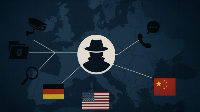 Espionagem Global: Europa no Tabuleiro da Guerra de Informações Ilustração mostrando um agente secreto estilizado no centro de um mapa da Europa, conectado por linhas a ícones de vigilância, arquivos secretos, comunicação telefônica e de mensagens, com as bandeiras da Alemanha, Estados Unidos e China, simbolizando espionagem internacional.