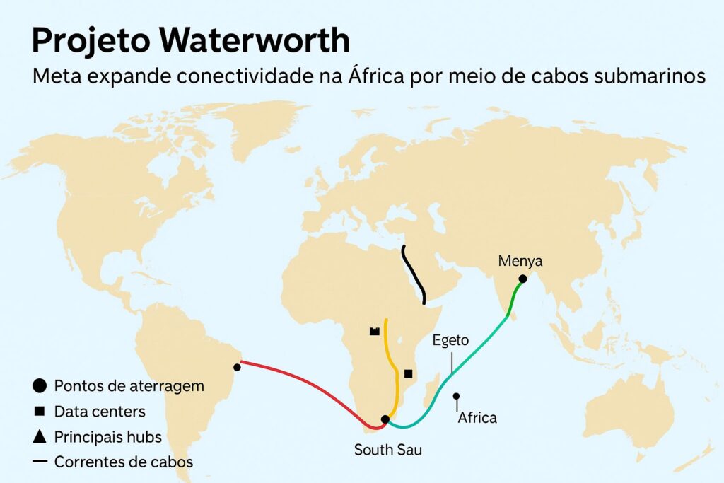 Mapa-múndi destacando a rota do Projeto Waterworth, mostrando cabos submarinos conectando a África, Ásia e América do Sul, com pontos de aterragem, data centers e hubs digitais.